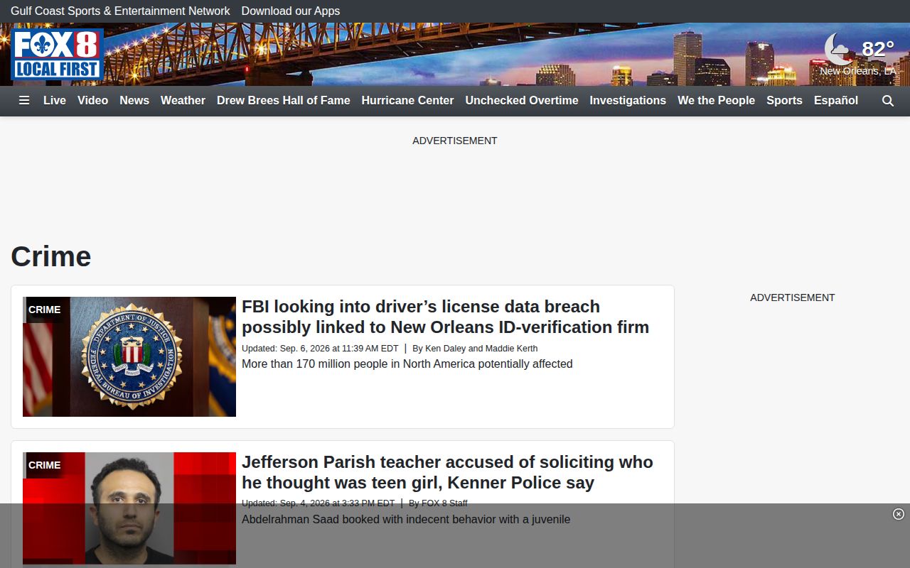 FOX 8 crime news index with dated Jefferson Parish area coverage
